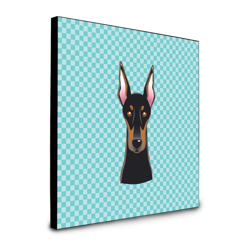Panneau mural d’art Dungorbery, bleu, Doberman noir / rose
