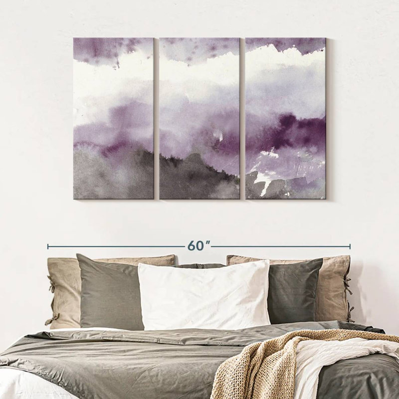 Paysage abstrait, minuit sur le lac, améthyste et gris sur toile, ensemble de 3 pièces, H 32 po x l 50 po x P 1,25 po