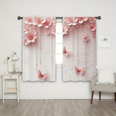 2 Pieces Floral Butterfly Light Filtering Curtains with Romantic Pink Flower Design, Delicate Bead Chains, Elegant Embroidery Pattern, Easy Hang Window Drapes for Bedroom Teen Room Decoration
