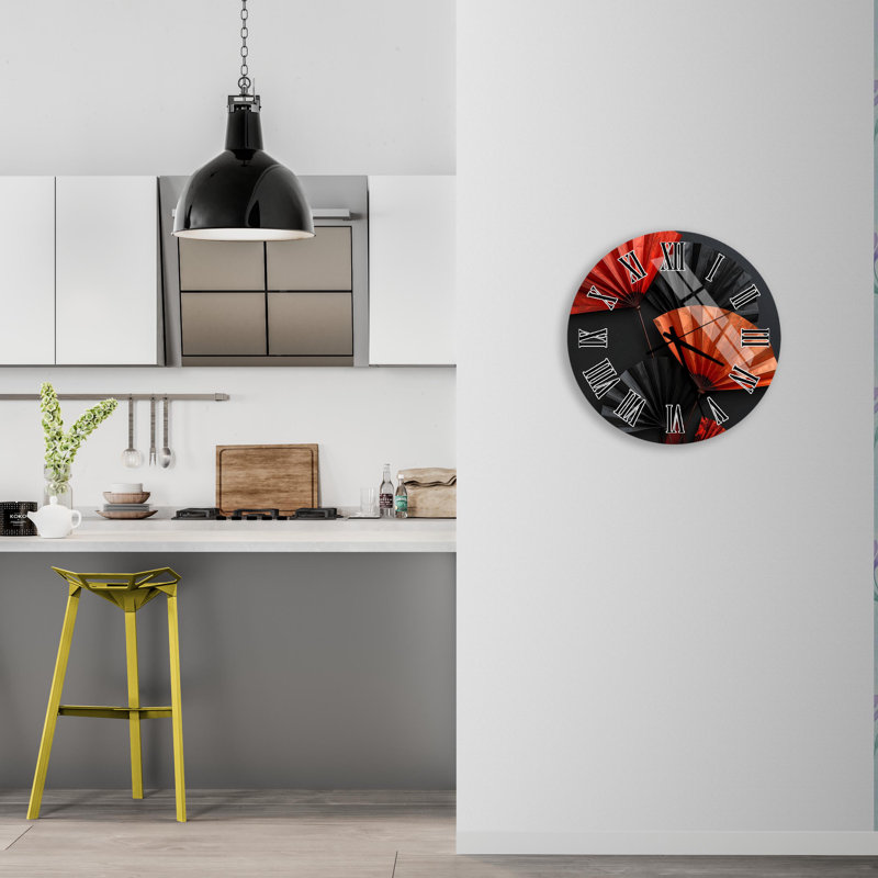 Horloge murale asiatique en verre trempé, rouge, noir, or, Blanc anglais, 10 pouces