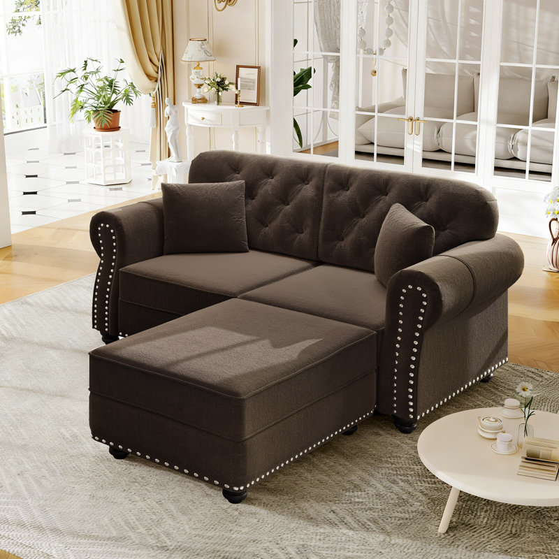 Mid-Century Modern 63" Velvet Upholstered Sofa With Nailhead Trim And Button Tufted, Modern Chesterfield Loveseat With 2 Pillows And Ottoman