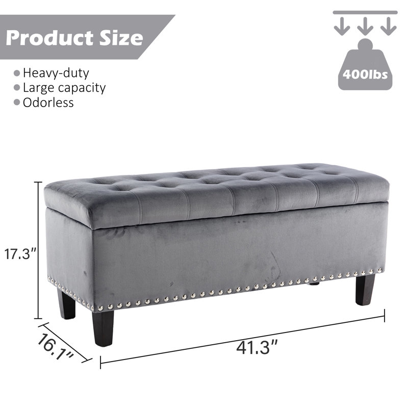 Repose-pieds de rangement rectangulaire avec rangement de 41,3 po Worcester, Velours gris