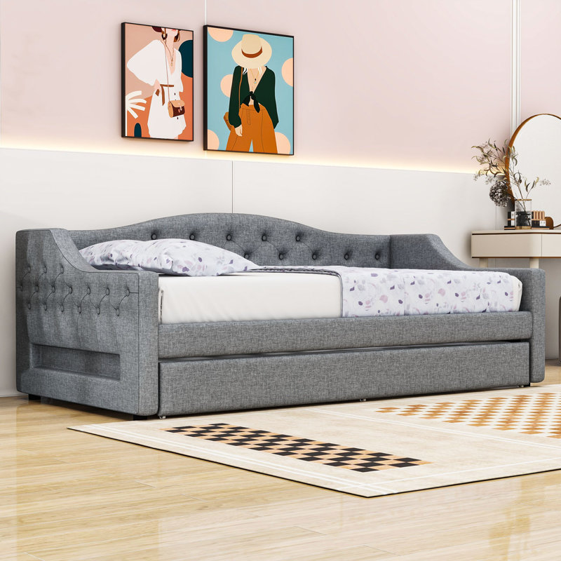 Upholstered Twin XL Daybed with Trundle and LED Belt, Gray