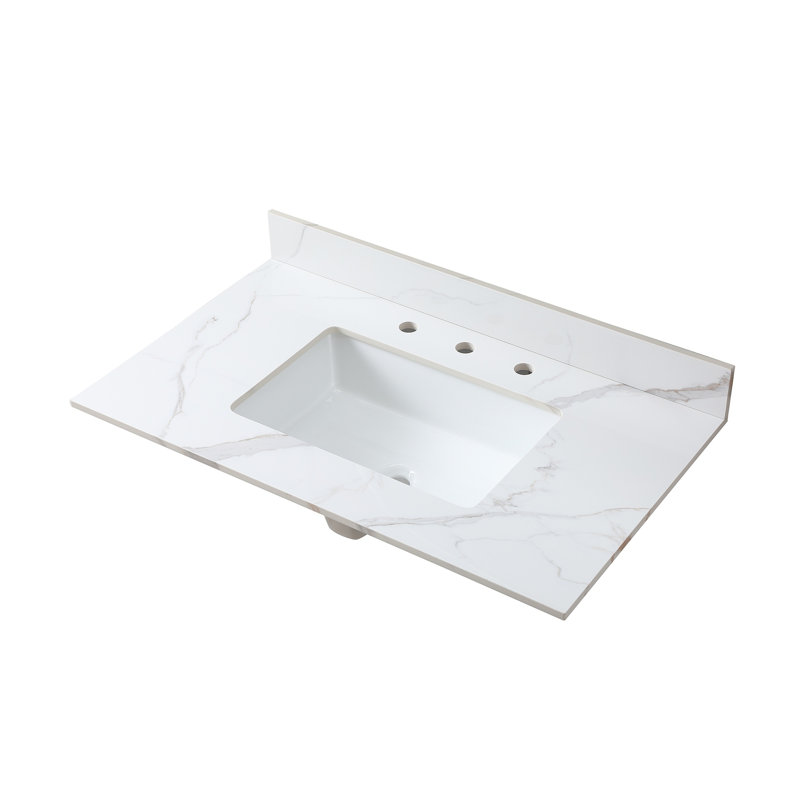 Plateau de meuble-lavabo en pierre frittée 37 po Montary de Montary avec lavabo et dosseret en céramique encastrable rectangulaire