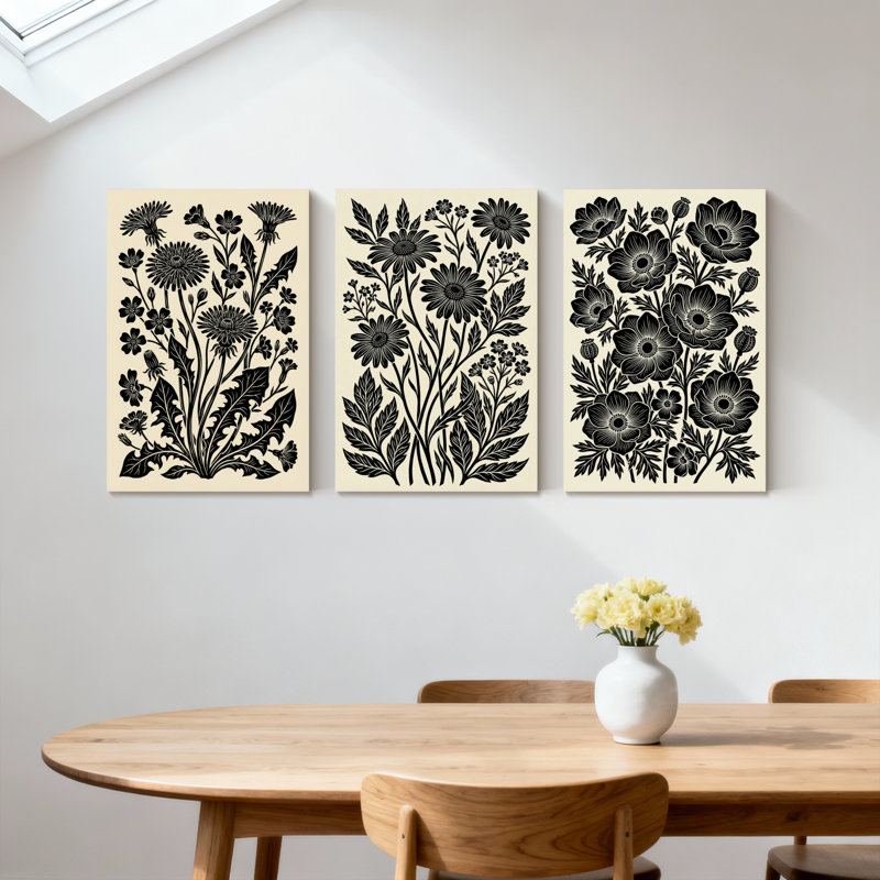 Plantes et fleurs, ensemble de 3 reproductions d'art sur toile, H 24 po x l 48 po