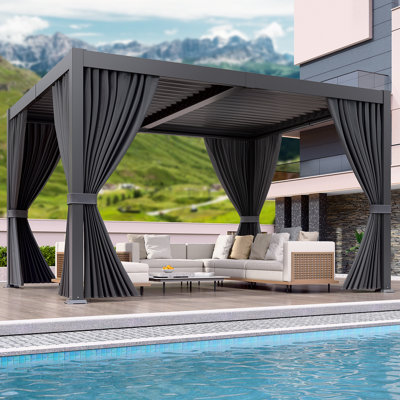 10 Ft.W X 12 Ft.D Outdoor Louvered Pergola With Adjustable Roof, Curtains, Netting And Gutter System, Metal Hardtop Gazebo For Garden, Deck, Backyard