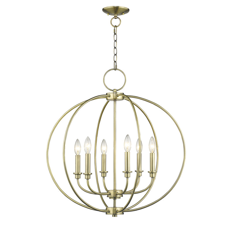 6 - Light Candle Style Globe Chandelier, Antique Brass