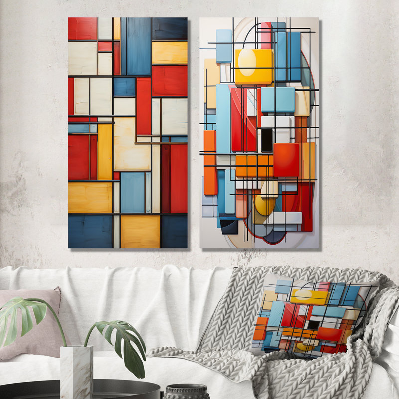 Abstraction géométrique «Composition géométrique» 2 pièces, H 20 po x l 24 po, Toile tendue