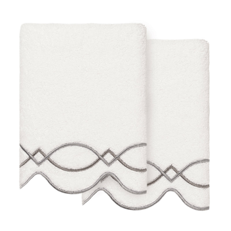  Ensemble de serviettes 100% coton turque à motif festonné 2 pièces, Ensemble de 2 essuie-mains, Blanc / Gris
