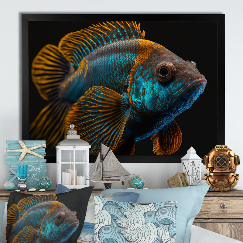 «Maglio Tropical Blue Fish in Blue and Orange IV», reproduction sur toile, H 30 po x l 40 po x P 1,5 po, Cadre photo noir