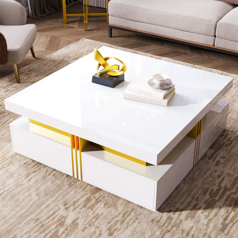 Table basse moderne avec rangement à 4 tiroirs 43,3 po Modern, Blanc lustré