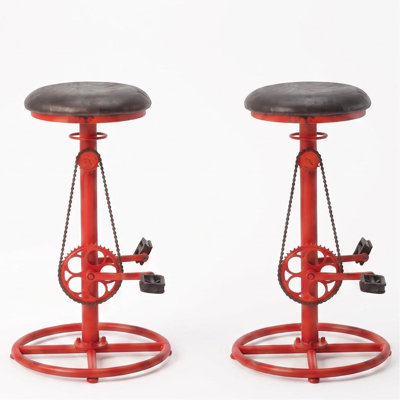 Ensemble de 2 tabourets de bar pivotants réglables industriels, chaîne de vélo rétro et tabouret de bar avec siège rembourré en similicuir, base ronde en métal pour îlot de cuisine