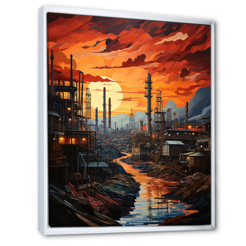 Semarang " Orange Oil Rigs Oil Odyssey ", White Floater Framed, 32" H x 24" W x 1" D