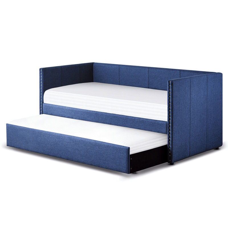 Lit de jour en bois avec revêtement bleu et lit gigogne escamotable pour chambre à coucher, garniture cloutée, construction