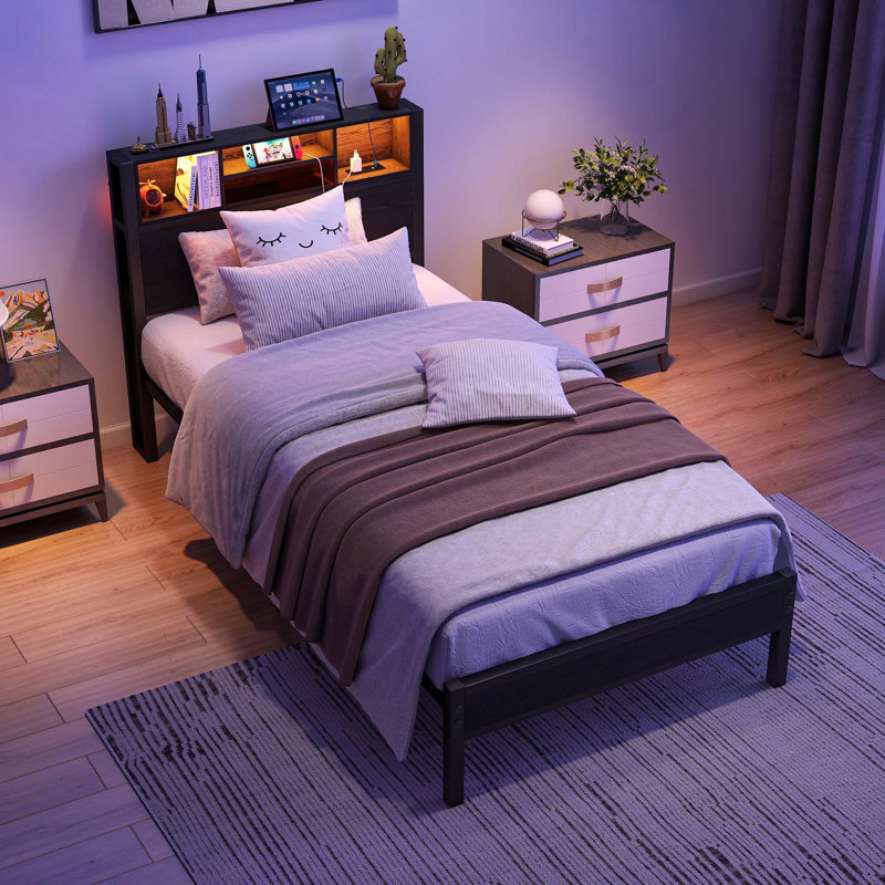 Twin Size Bed Frame With Storage Headboard, Metal Platform Bed With Charging Station, Bookcase Storage, No Box Spring Needed, Easy Assembly
