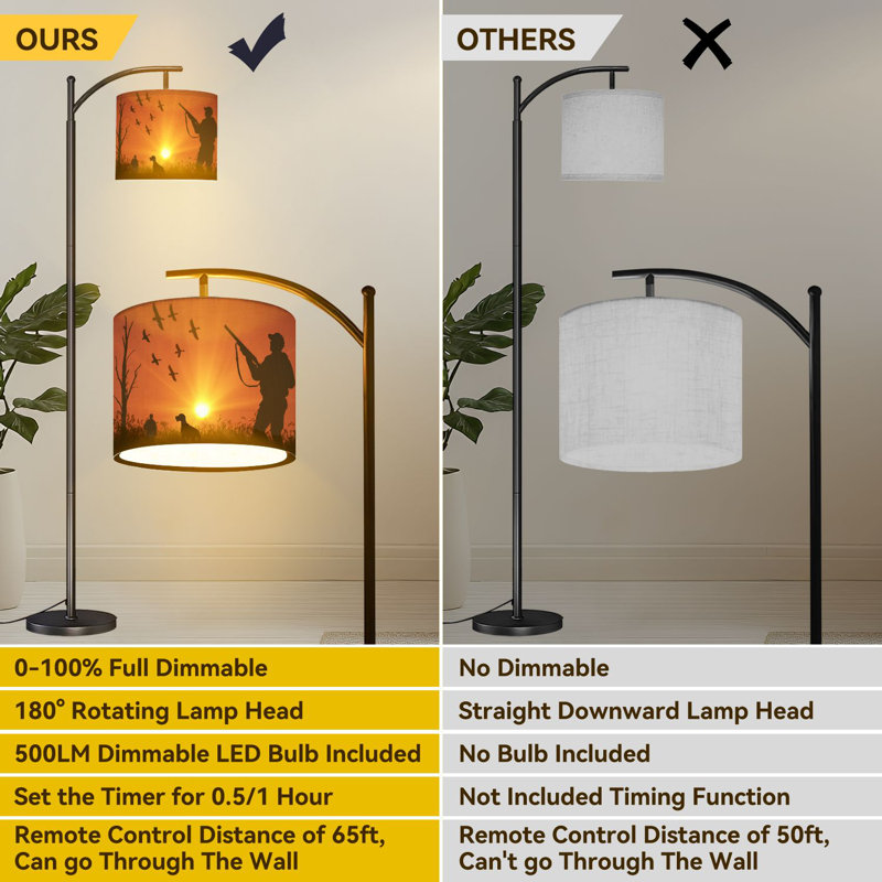 Arc Floor Lamp Silhouette men duck hunting Floor Lamps with Remote LED Lights Adjustable Lamp Shades Tall Standing Lamps for Reading Office Living Room