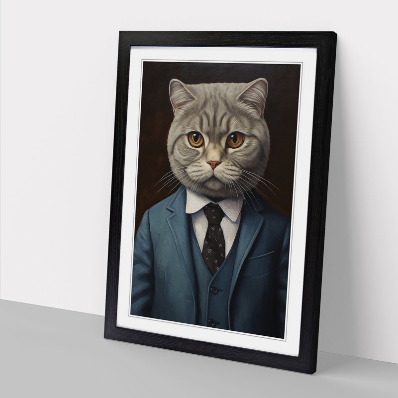 Cat In A Suit Painting No.4 - Single Picture Frame Print on Wood, 46cm H x 34cm W x 2cm D, Black Framed