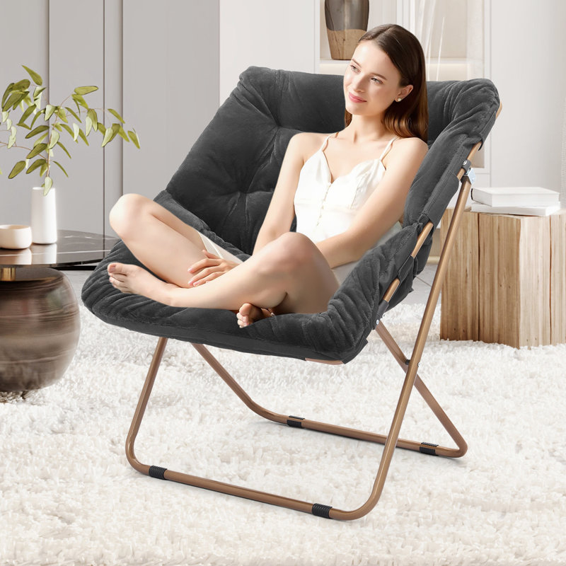 Ariadnna Saucer Chair Folding Accent Moon Chair with Metal Frame Cozy Lounge Chair for Living Room, Black Polyester, No