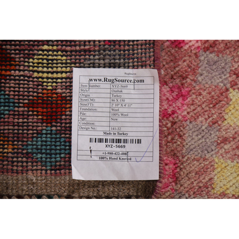 Tapis rose en laine noué à la main de conception unique 2 pi 10 po x 4 pi 11 po New Age