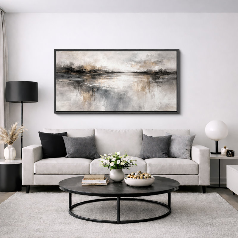 «Abstract Neutral Grey Misty Reflection», œuvre d'art moderne sur toile encadrée, impression sur toile, Cadre noir