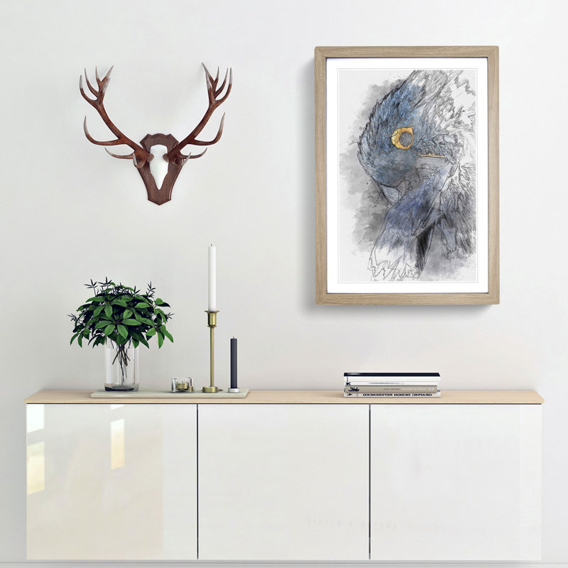 A Blue Parrot in Abstract - Picture Frame Graphic Art Print, 65cm H x 48cm W x 2cm D, Oak Framed