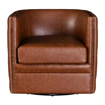 Chaise pivotante en brun, matériaux en bois et en métal robustes, similicuir texturé, capitonnage élégant, garnitures cloutées en bronze, assise en contreplaqué massif, housse en cuir