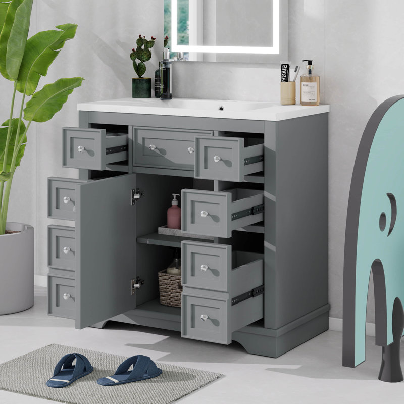 Meuble-lavabo 36 po sans lavabo, base d'armoire seulement, une armoire et six tiroirs, diviseur de tiroir multifonctionnel