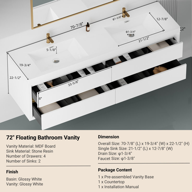 Wall-Mounted Bathroom Vanity with Double Sinks, Glossy White