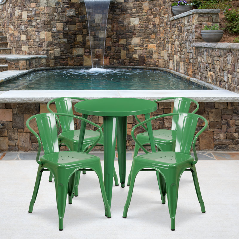 Cordele 24'' Round Metal Indoor-Outdoor Table Set with 4 Arm Chairs, Green, 29.50" H x 30" W x 30" L