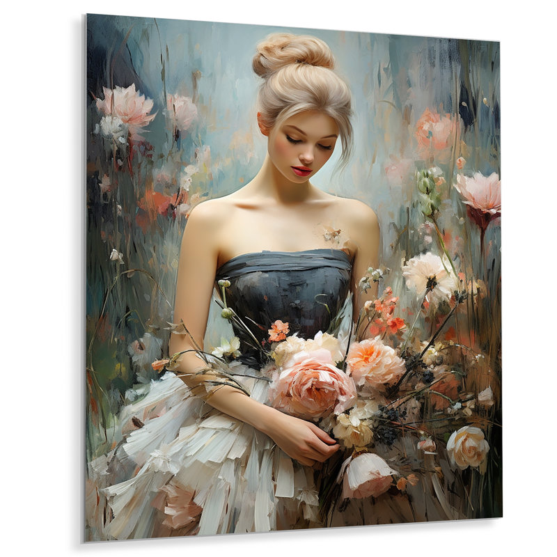 Impressionniste mode féminine dans un champ de fleurs II - art mural en métal Dior, H 40 po x l 30 po x P 1,5 po