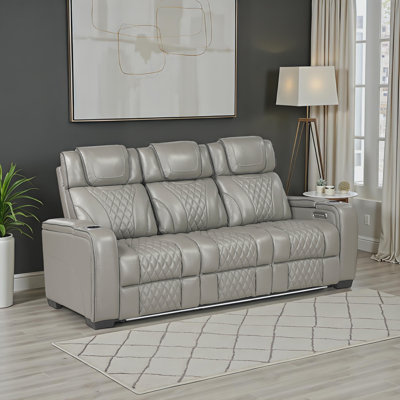 Barra 84.5" Modern & Contemporary Top Grain Leather Power Double Reclining Sofa with Power Headrests and Soothing Heat and Air Massage Functions