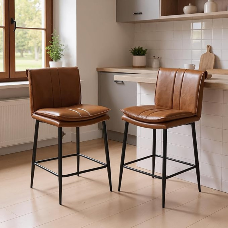Upholstered Counter Stool with Metal Frame, Brown
