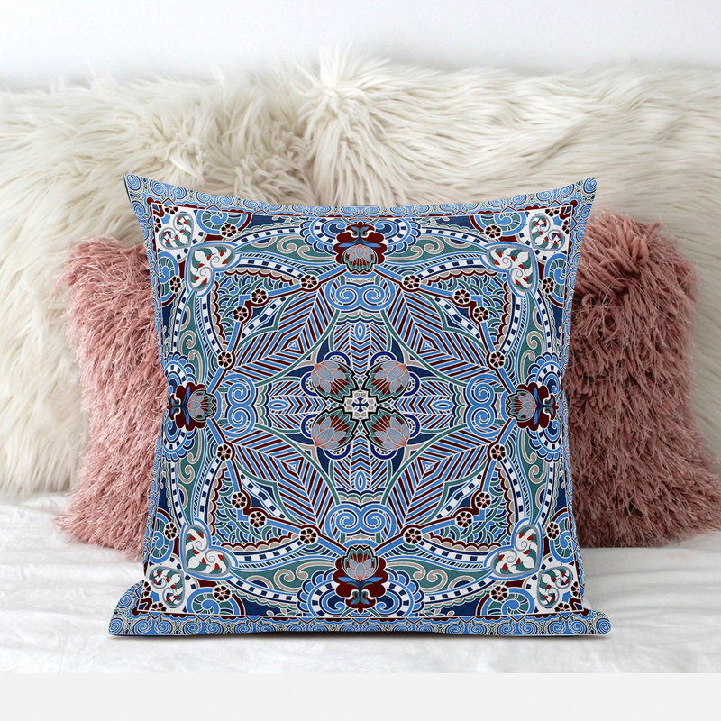 Housse et insert de coussin carré en polyester intérieur / extérieur, 16 po x 16 po, Turquoise / bleu / brun