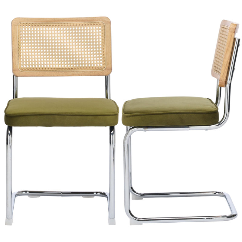 Chaise d'appoint rembourrée Crumley avec dossier en rotin et structure en acier, Vert, 2