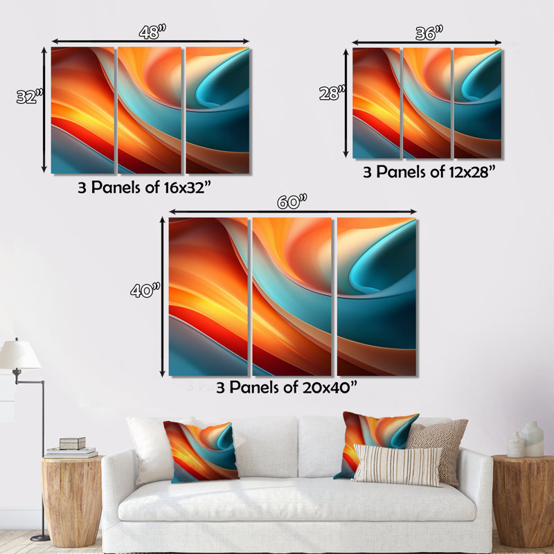 Spectre de courants orange et bleu - impression sur toile tendue 3 pièces, H 32 po x l 48 po x P 1 po