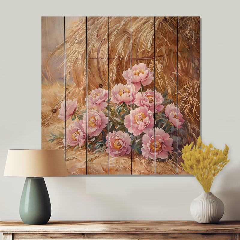 Pivoines près de la meule de foin - Décoration murale en bois de pivoines - sur bois de pin naturel