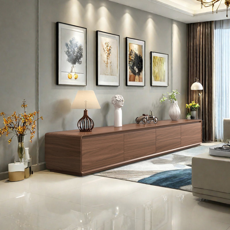 Meuble télé multi-tiroirs avec base pleine, Tanné, H 15,74 po x L 94,48 po x l 15,74 po