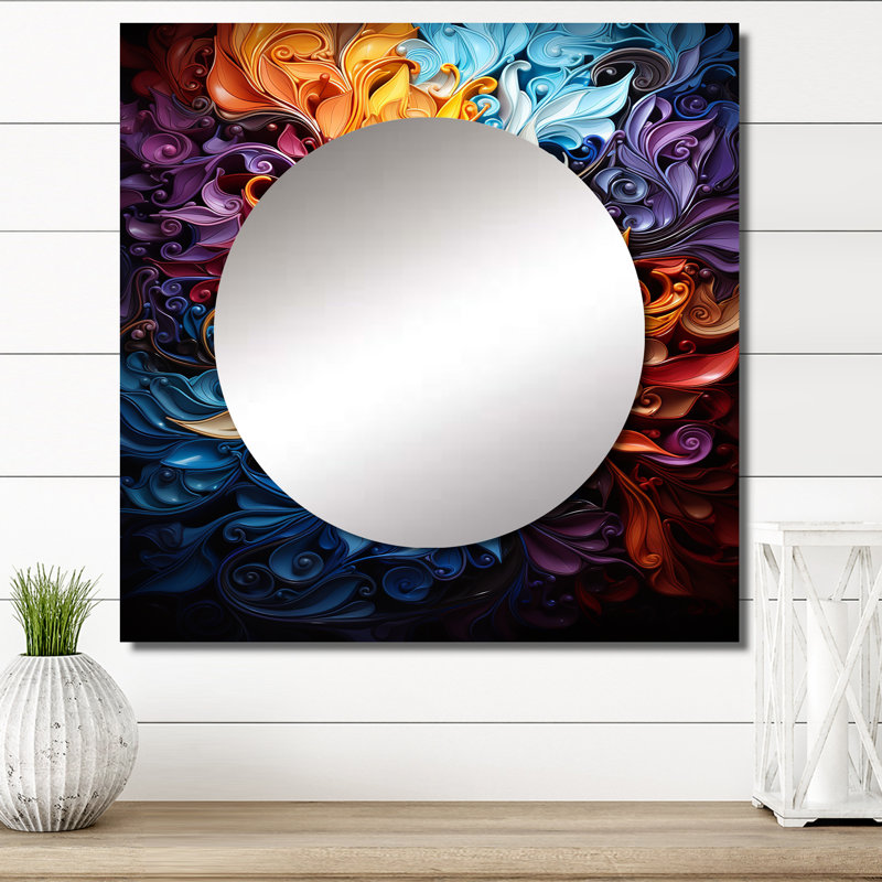 Spirale kaléidoscope I - art mural abstrait miroir carré pour salle de bain, 23 po x 23 po