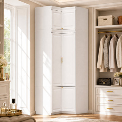 L-Shaped Corner Wardrobe with Top Cabinet, 8 Shelves and Hanging Rod