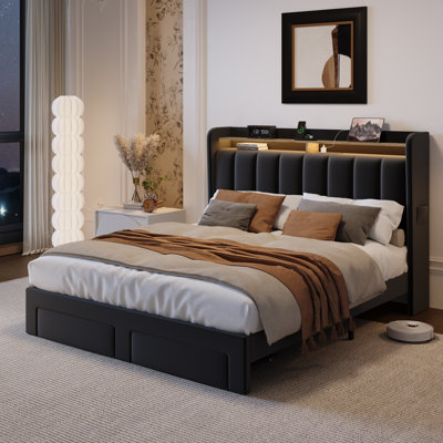 Upholstered Platform Bed Frame With Wingback Design Headboard, Charging Station, LED Lights and 2 Storage Drawers