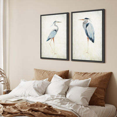 Blue Heron Bird Animal Portrait Coastal Beach Decor - Framed Canvas 2 Pieces Wall Paintings Print