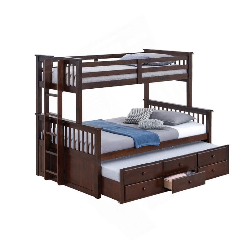 Lit superposé simple au-dessus d'un lit double transitionnel avec échelle et tiroirs sous le lit, Noyer foncé