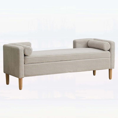 Wide Upholstered Flip-top Storage Accent Bed Bench, Corduroy Footrest Ottoman with Armrest, Backrest, and 2 Bolster Pillows, Wood Legs for Living Room, Bedroom, and Hallway