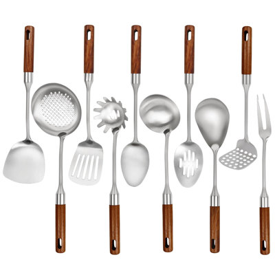 Ensemble d'ustensiles de cuisine en acier inoxydable 10 pièces avec poignées en bois - Outils de cuisson professionnels résistants à la chaleur pour faire sauter, sauter et cuire