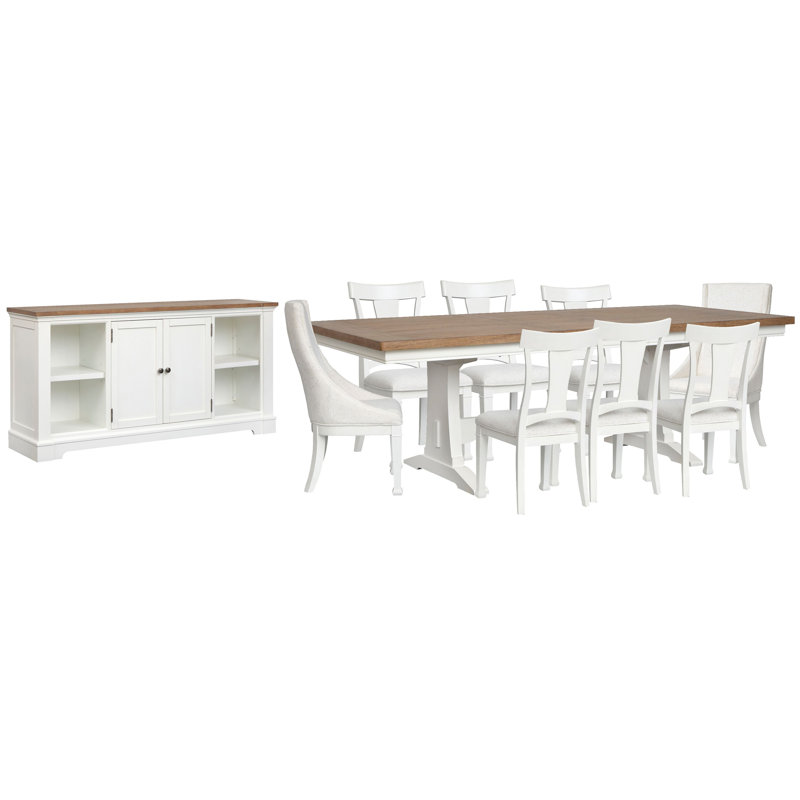 Gelinas Extendable Trestle Dining Table With 6 Side Chairs 2 Host Chairs And Credenza, 10 Pieces: Table, 8 Chairs, Credenza