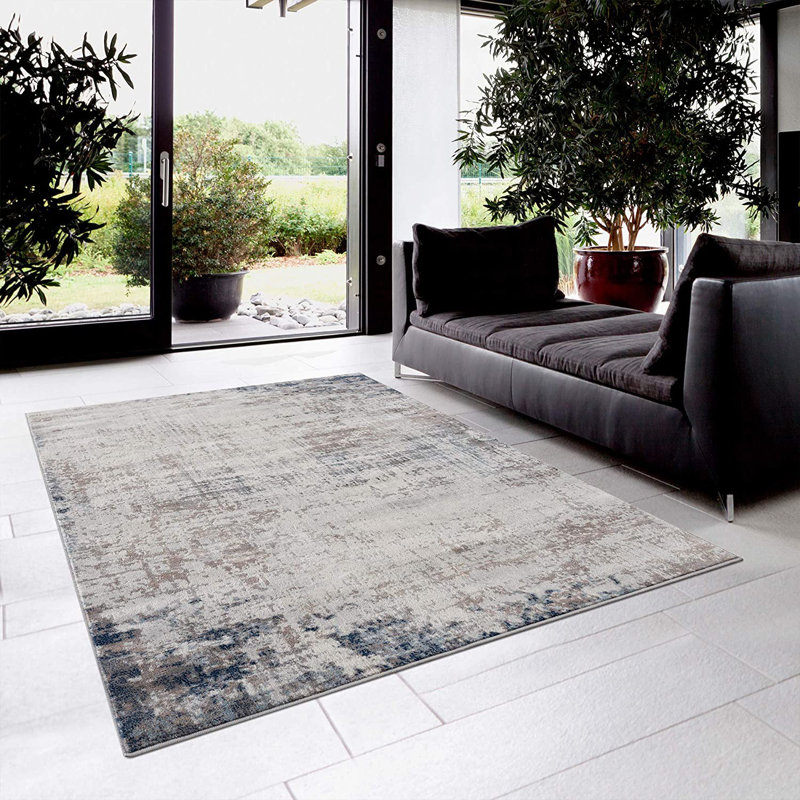 Abstract Navy/Ivory/Light brown Area Rug, Rectangle 5' x 8'