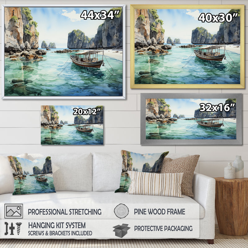" Phi Phi Islands Beaches III ", 30" H x 40" W x 1.5" D, White Floater Framed