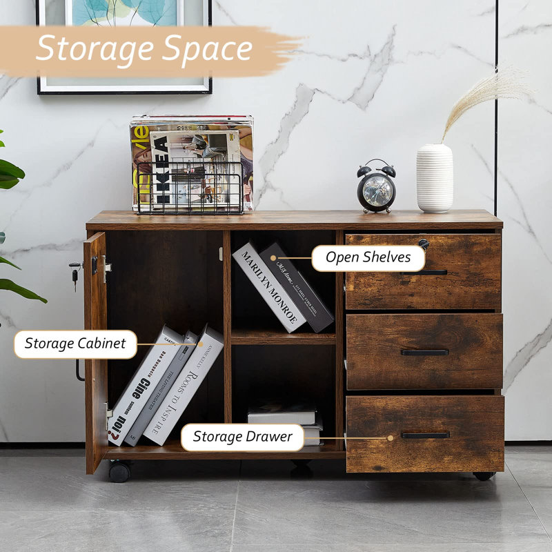 Lakell 90cm Wide 3 -Drawer Mobile File Cabinet, Brown