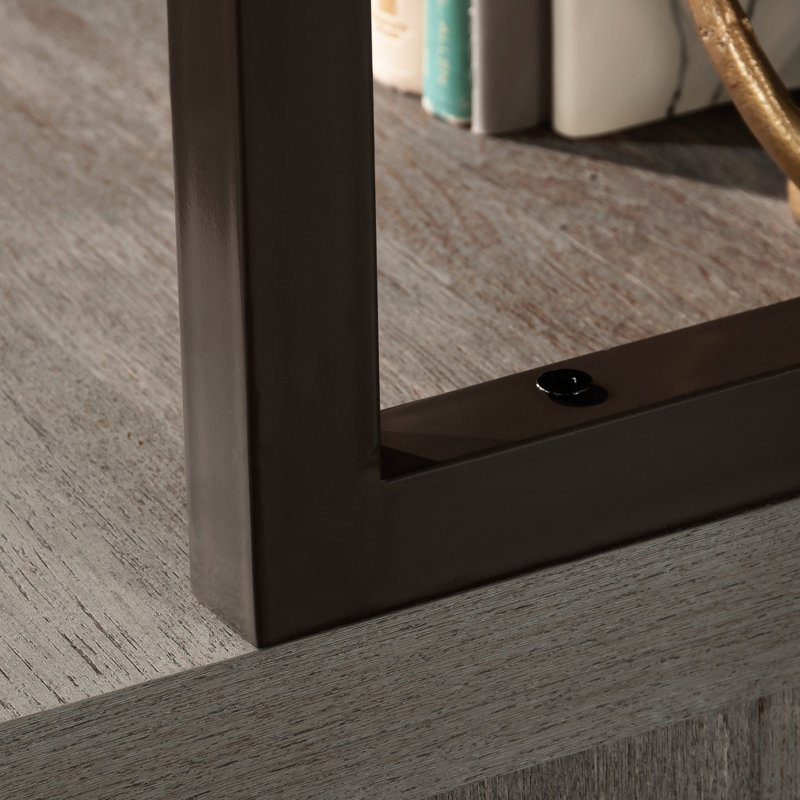 Brun contemporain avec structure en métal, tablettes ouvertes pour l'organisation, bureau à assemblage simple avec finition en chêne, bandes d'impact, deux tablettes horizontales, petits espaces idéaux