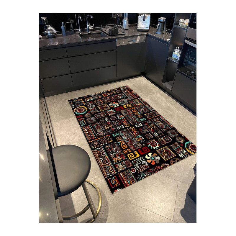Tapis décoratif noir multicolore à motif géométrique, Sous-tapis carré 3 pi 3 po inclus